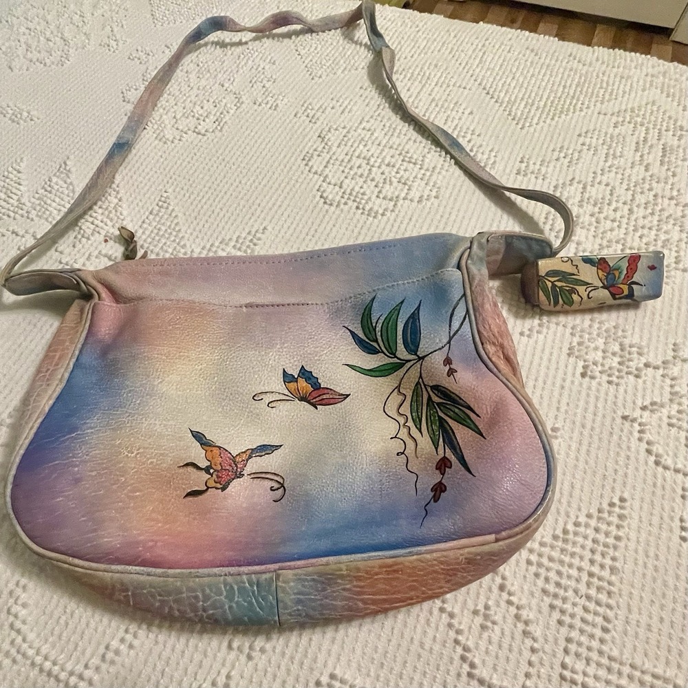 Anuschka Hand Painted Leather Shoulder Bad With Matching Lipstick Holder